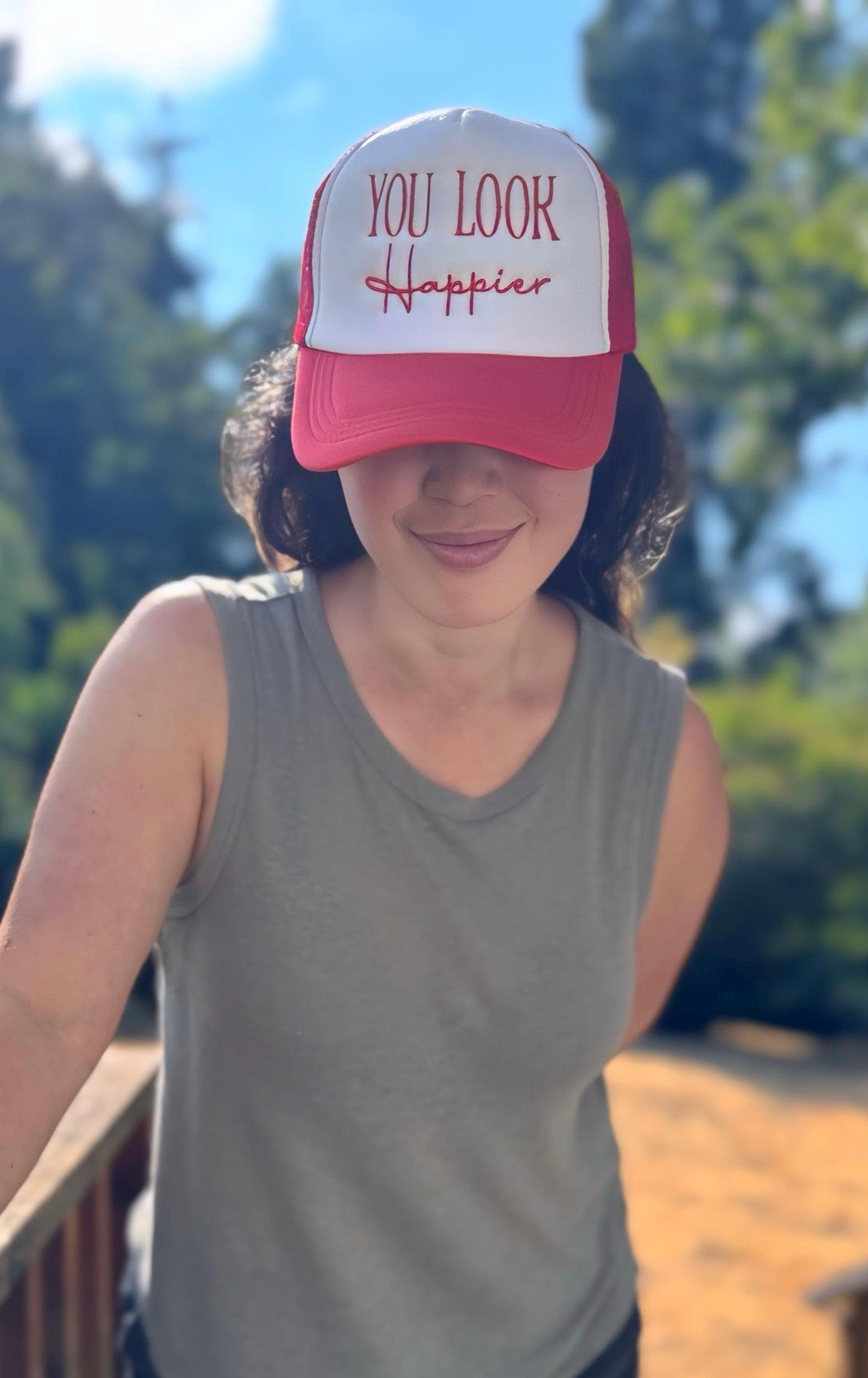 Embroidered Foam Trucker Hat - "You Look Happier" - Trucker Hat, Structured Snapback Mesh Hat - Adjustable Fitted Hat - Gifts for Her/Him