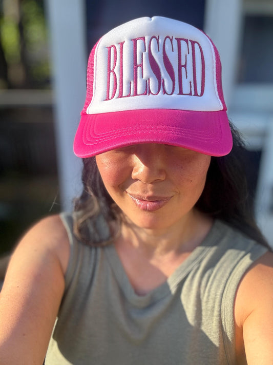 Embroidered Foam Trucker Hat - "Blessed" large text - Trucker Hat, Structured Snapback Mesh Hat - Adjustable Fitted Hat - Gifts for Her/Him