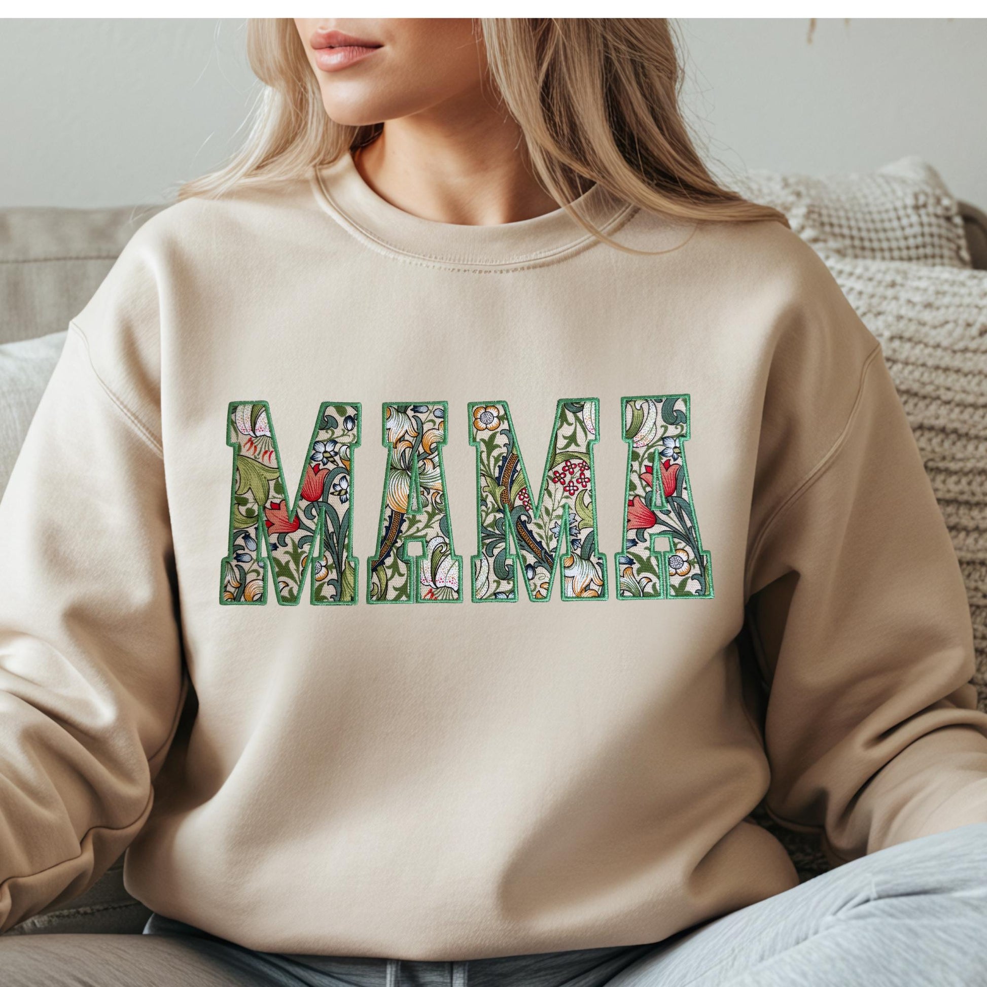 William Morris Golden Lily MAMA Applique Crewneck - Embroidered Satin Stitch - Designer Fabric England - Gildan & Comfort Colors