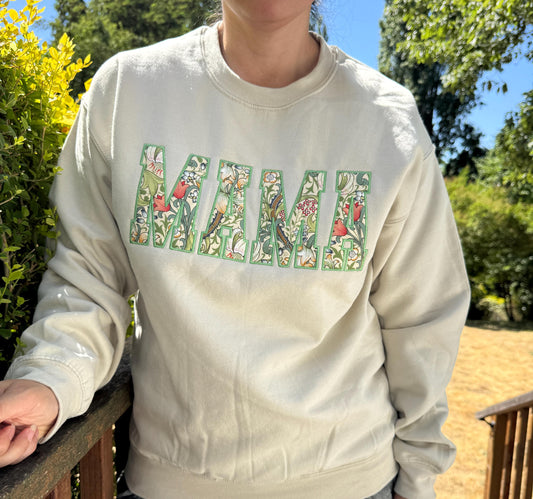 William Morris Golden Lily MAMA Applique Crewneck - Embroidered Satin Stitch - Designer Fabric England - Gildan & Comfort Colors