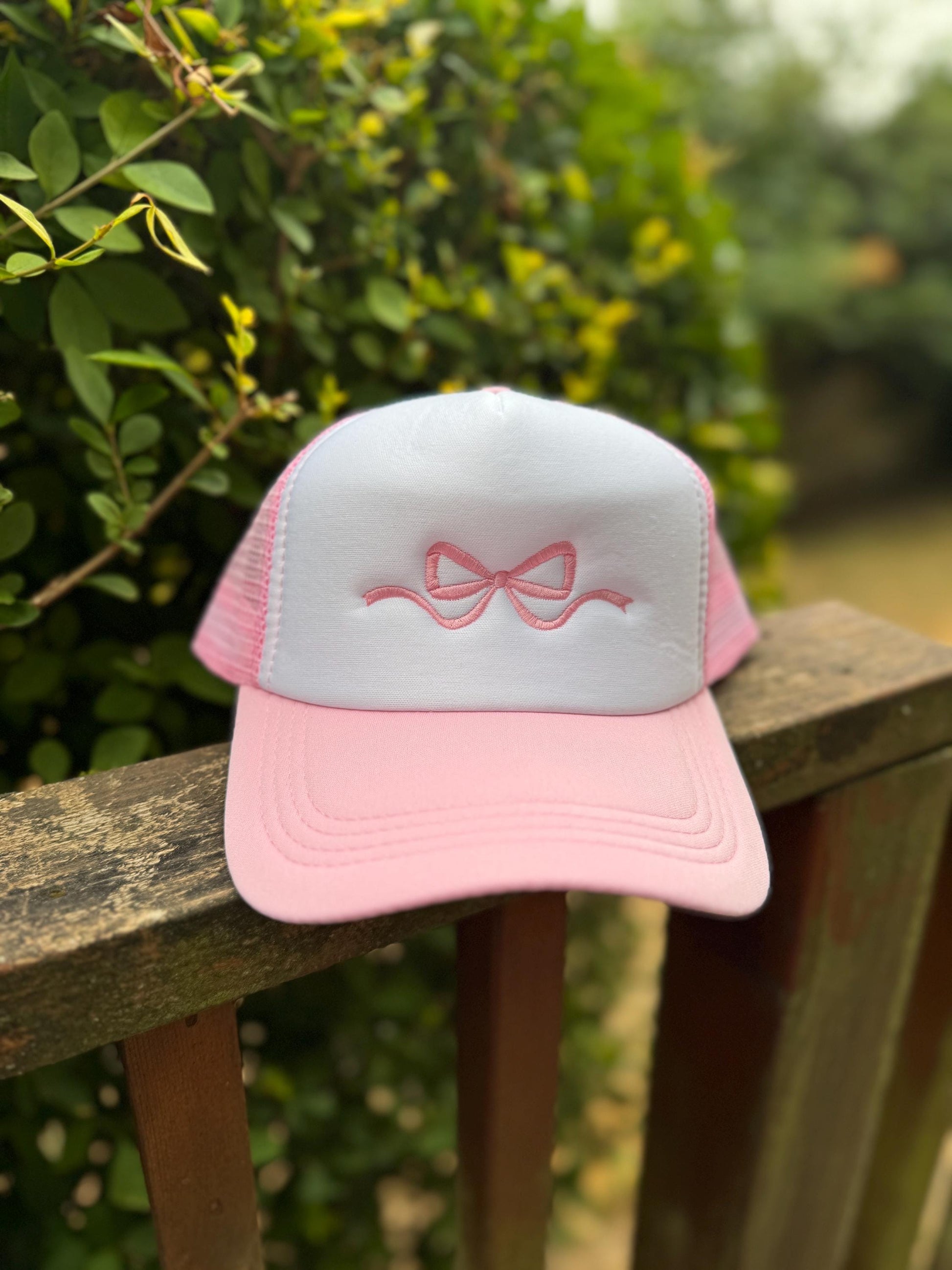 Embroidered Foam Trucker Hat - Light Pink & White with coquette bow in satin stitch- Trucker Hat, Foam mesh cap - gifts for her - bridesmaid