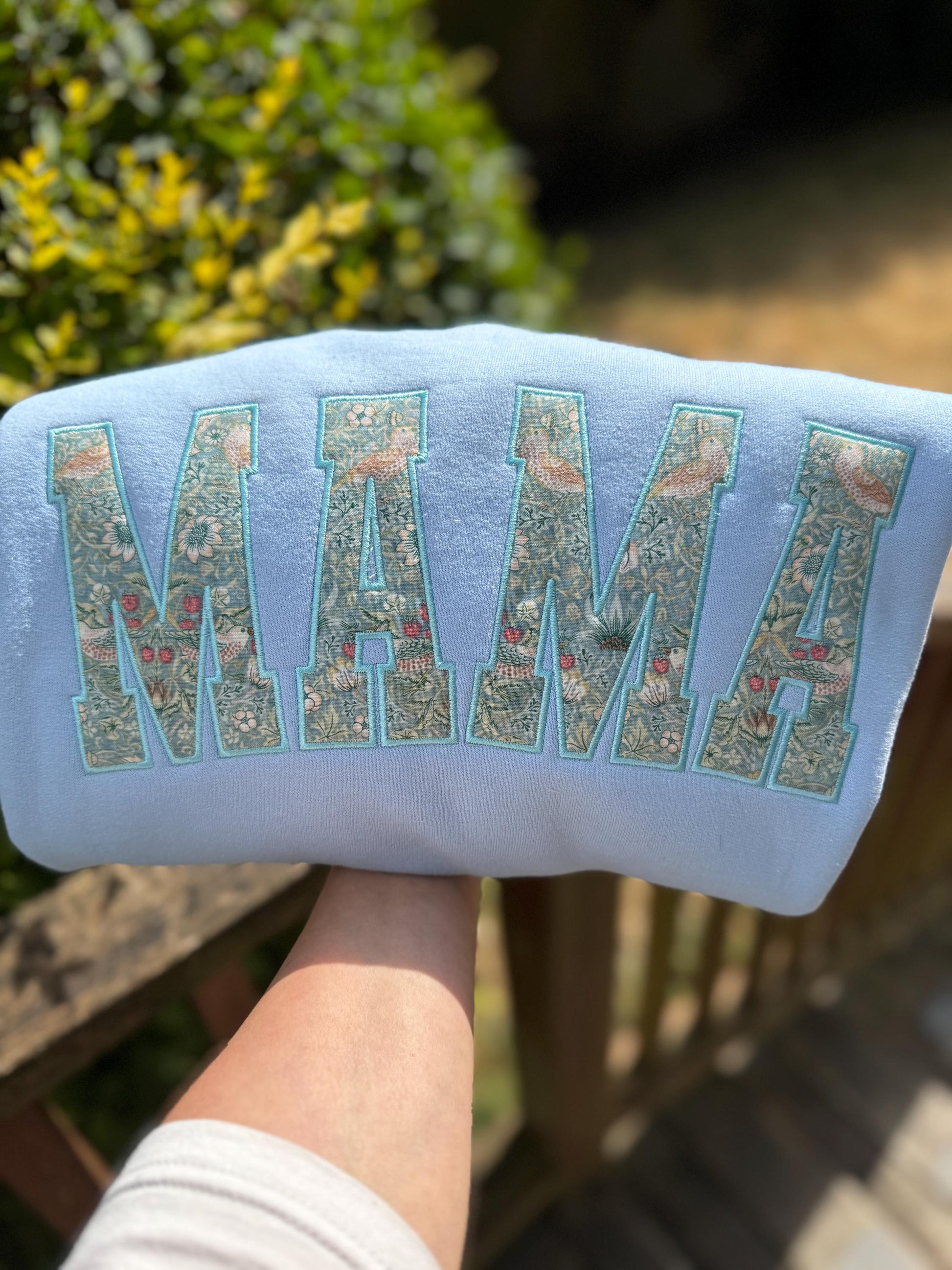 William Morris Mini Strawberry Thief Aqua curved MAMA Applique Crewneck - Embroidered Satin Stitch - Designer Fabric - Gildan/Comfort Colors