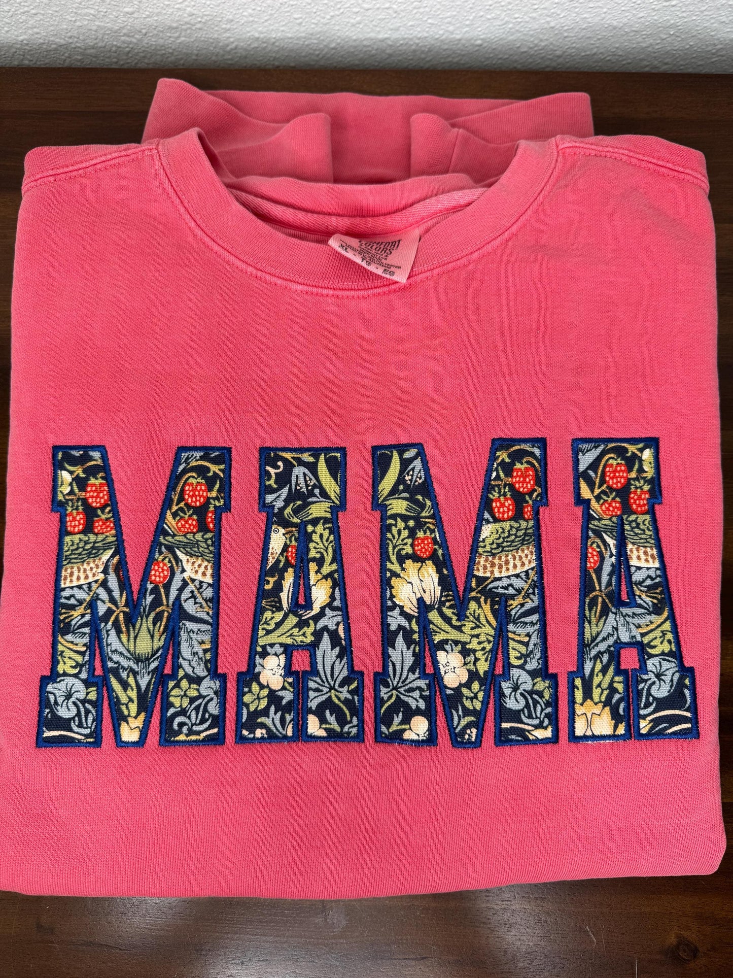 William Morris Strawberry Thief Navy MAMA Applique Crewneck - Embroidered Satin Stitch - Designer Fabric England - Gildan & Comfort Colors