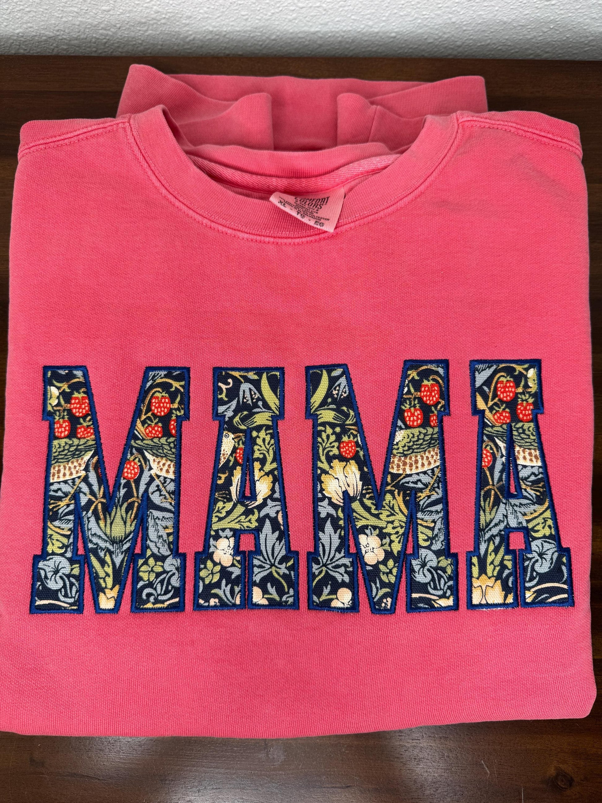 William Morris Strawberry Thief Navy MAMA Applique Crewneck - Embroidered Satin Stitch - Designer Fabric England - Gildan & Comfort Colors