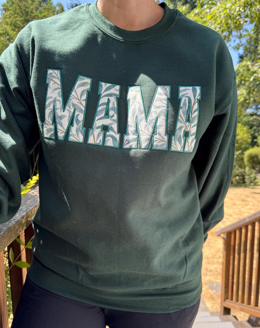 William Morris Willow Bough Green MAMA Applique Crewneck - Embroidered Satin Stitch - Designer Fabric England - Gildan & Comfort Colors