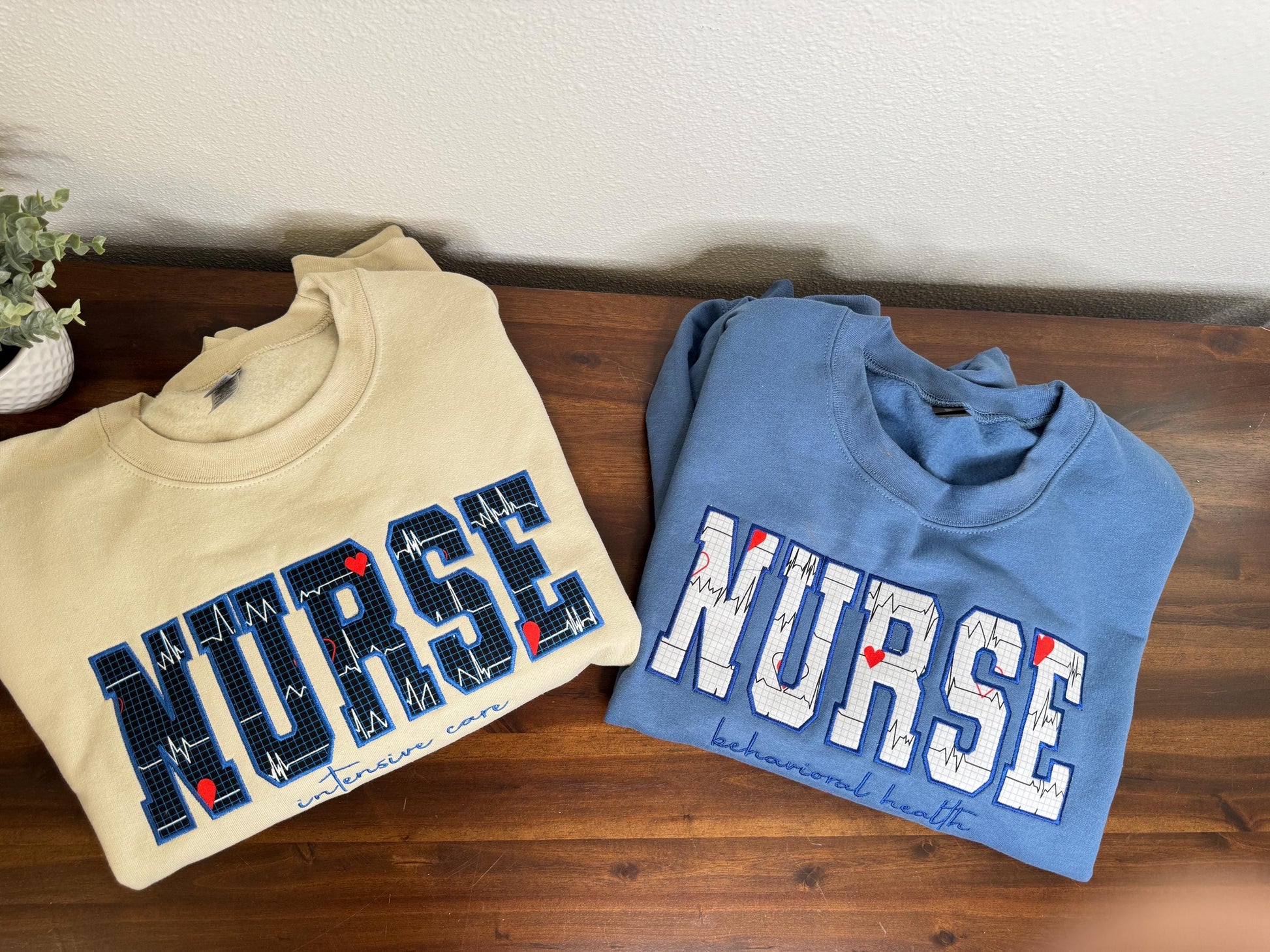 NURSE embroidered Applique Crewneck - Nurse vitals hearts fabric - satin stitch finish - Healthcare RN - Gildan & Comfort Colors