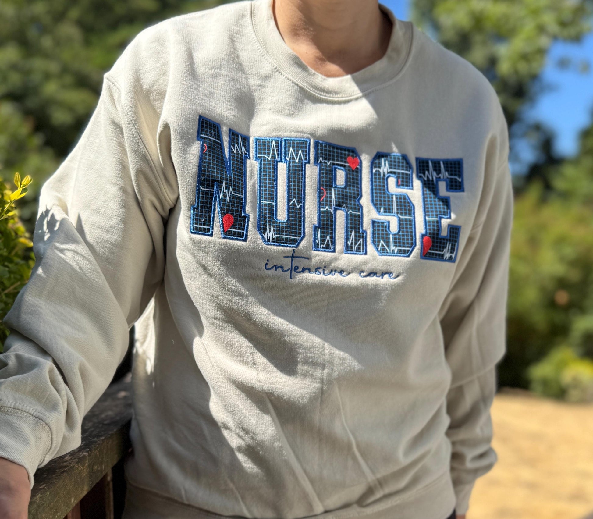 NURSE embroidered Applique Crewneck - Nurse vitals hearts fabric - satin stitch finish - Healthcare RN - Gildan & Comfort Colors