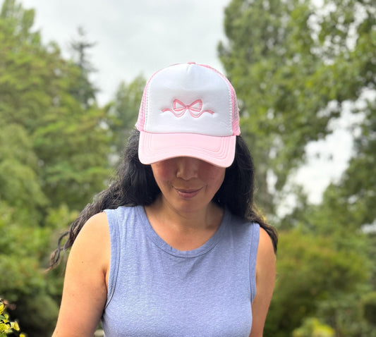 Embroidered Foam Trucker Hat - Light Pink & White with coquette bow in satin stitch- Trucker Hat, Foam mesh cap - gifts for her - bridesmaid