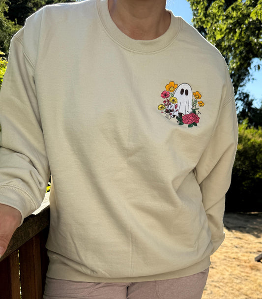 Embroidered Ghost in the Flower Garden Halloween Crewneck - Ghost Flowers Colorful Halloween - Spooky Season -Gildan/Comfort Colors