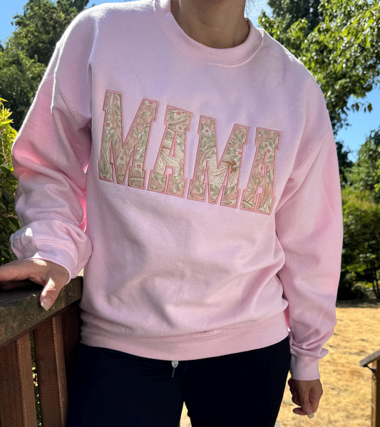 William Morris Pimpernel Blush MAMA Applique Crewneck - Embroidered Satin Stitch - Designer Fabric England - Gildan & Comfort Colors
