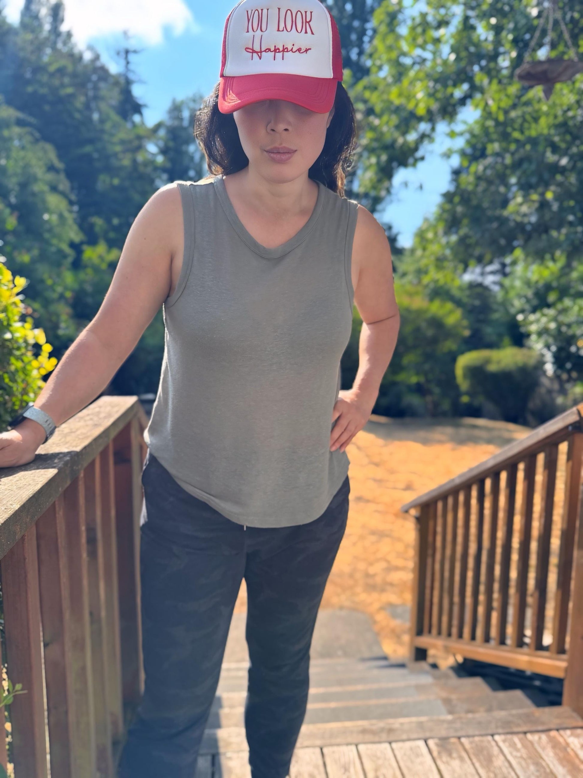 Embroidered Foam Trucker Hat - "You Look Happier" - Trucker Hat, Structured Snapback Mesh Hat - Adjustable Fitted Hat - Gifts for Her/Him
