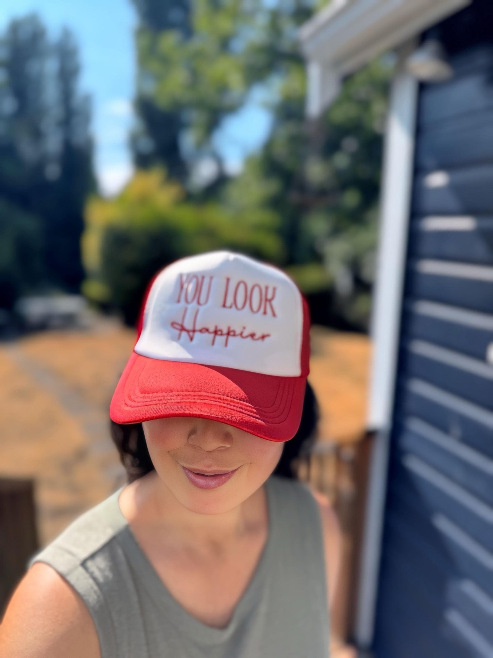 Embroidered Foam Trucker Hat - "You Look Happier" - Trucker Hat, Structured Snapback Mesh Hat - Adjustable Fitted Hat - Gifts for Her/Him