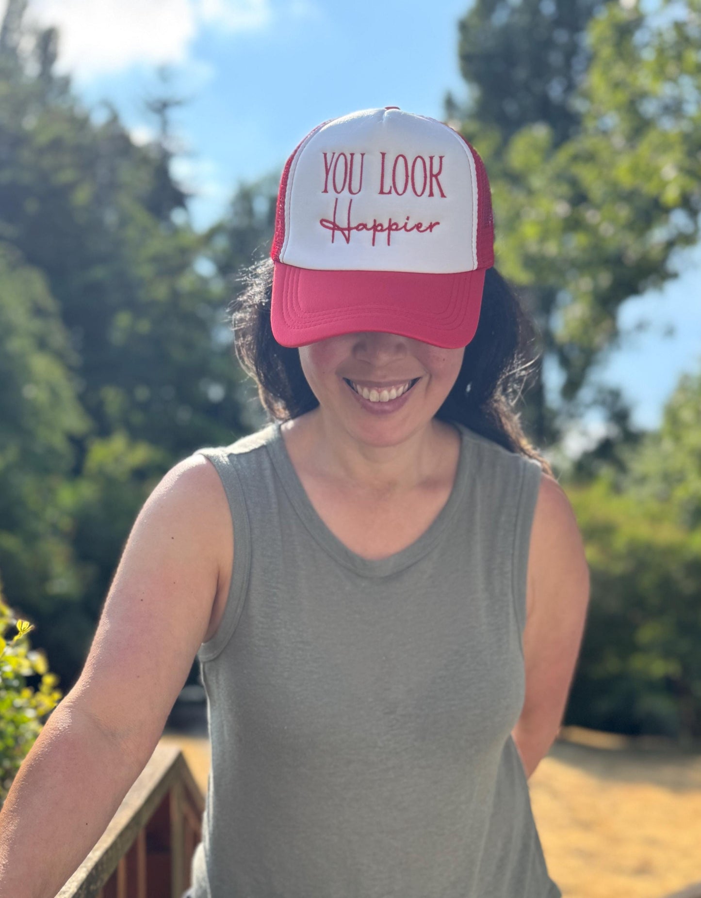 Embroidered Foam Trucker Hat - "You Look Happier" - Trucker Hat, Structured Snapback Mesh Hat - Adjustable Fitted Hat - Gifts for Her/Him
