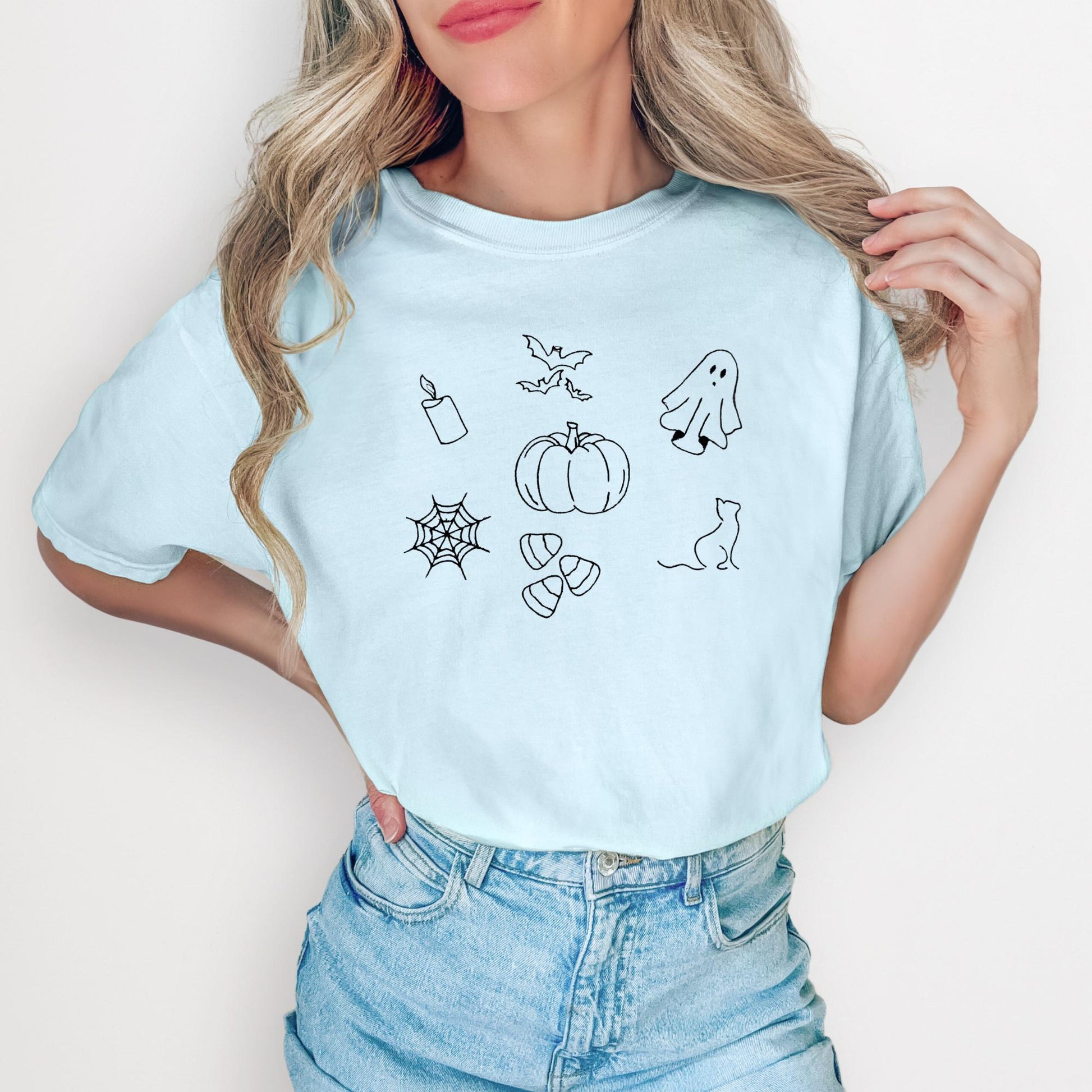 Halloween Doodles Embroidered T-shirt Comfort Colors - Spooky Season/Bats/Pumpkins/Ghosts/Candy/Cats