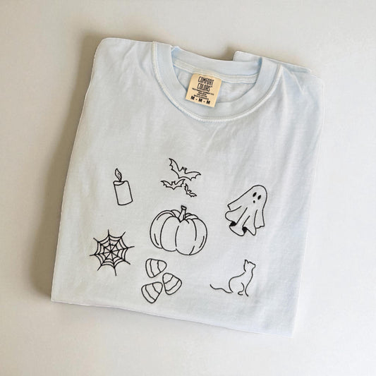 Halloween Doodles Embroidered T-shirt Comfort Colors - Spooky Season/Bats/Pumpkins/Ghosts/Candy/Cats