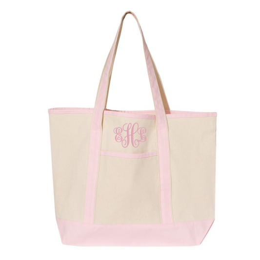 Large Canvas Boat Tote Bag - Large Embroidered Monogram Initials  - Pink, Red, Green, Blue, Black