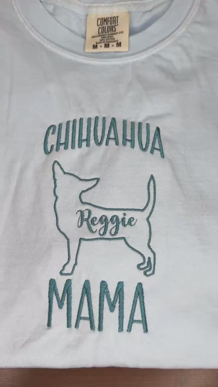 Embroidered Dog Mama T-shirt - Breed Silhouette & Custom Pet Name - Chihuahua, Frenchie, Dachshund, Jack Russell, Corgi - Gift for pet lover