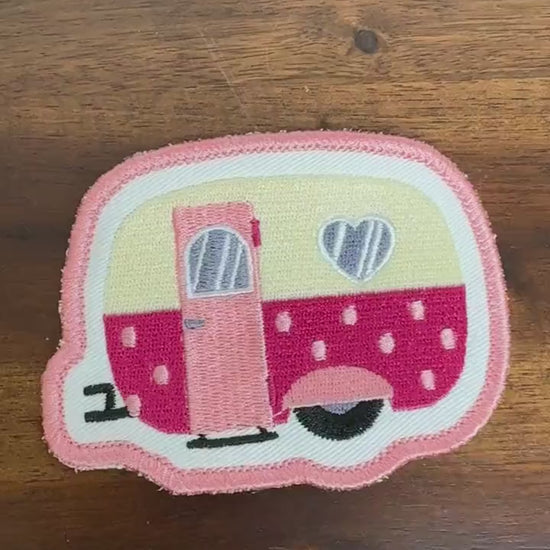 Pink RV Campervan Embroidered Patch  - iron or sew on - teardrop trailer RV, backpack, trucker hat, clothing - gifts for her