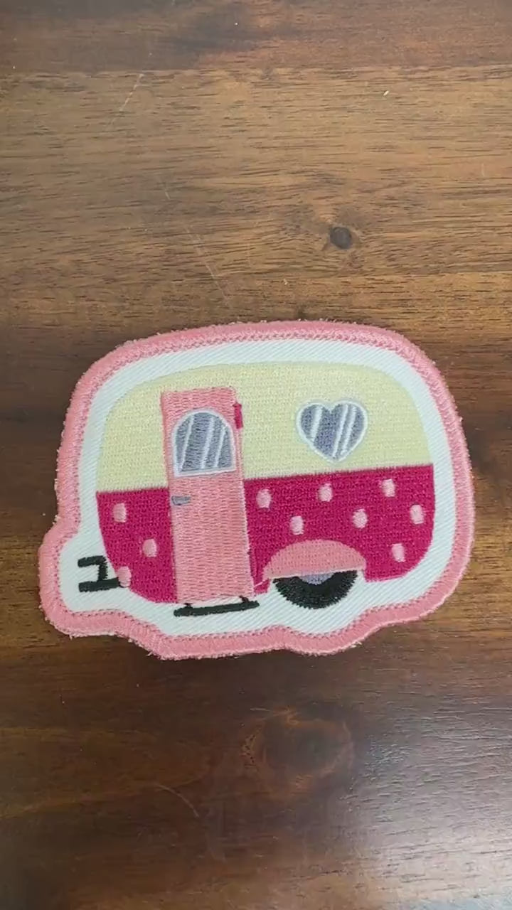 Pink RV Campervan Embroidered Patch  - iron or sew on - teardrop trailer RV, backpack, trucker hat, clothing - gifts for her