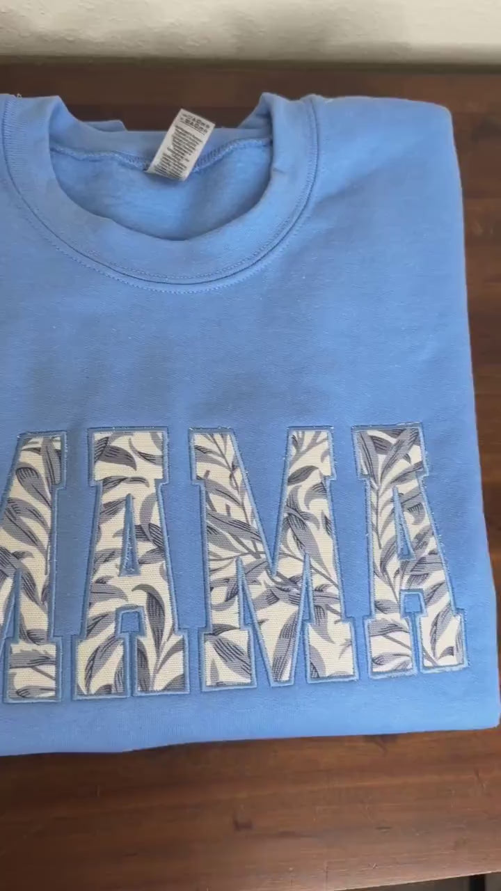 William Morris Willow Bough Blue MAMA Applique Crewneck - Embroidered Satin Stitch - Designer Fabric England - Gildan & Comfort Colors