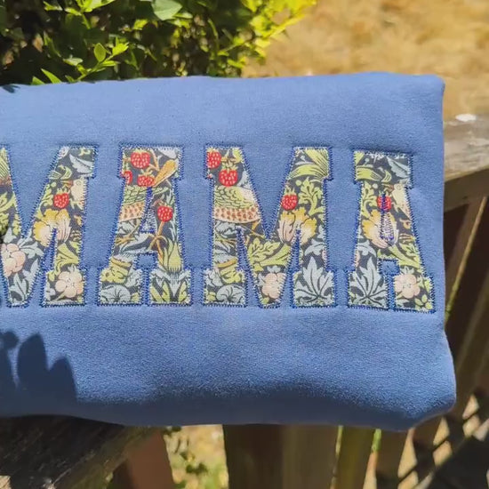 William Morris Strawberry Thief Navy MAMA Applique Crewneck - Embroidered Satin Stitch - Designer Fabric England - Gildan & Comfort Colors