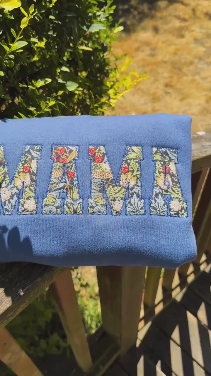 William Morris Strawberry Thief Navy MAMA Applique Crewneck - Embroidered Satin Stitch - Designer Fabric England - Gildan & Comfort Colors