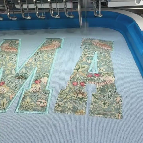William Morris Mini Strawberry Thief Aqua curved MAMA Applique Crewneck - Embroidered Satin Stitch - Designer Fabric - Gildan/Comfort Colors