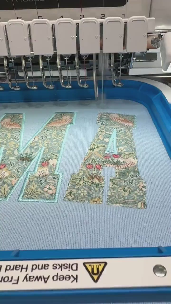William Morris Mini Strawberry Thief Aqua curved MAMA Applique Crewneck - Embroidered Satin Stitch - Designer Fabric - Gildan/Comfort Colors