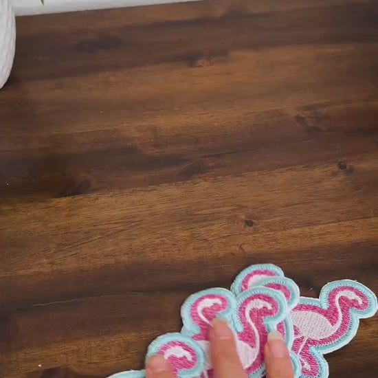 Embroidered Patch Flamingo with Pink and Blue background - iron or sew on - backpack, trucker hat, clothing - gifts for her