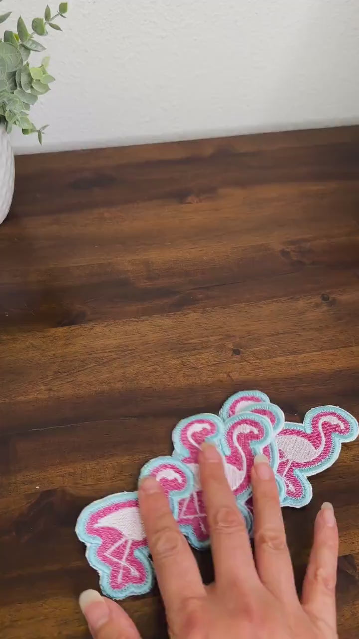 Embroidered Patch Flamingo with Pink and Blue background - iron or sew on - backpack, trucker hat, clothing - gifts for her