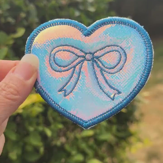 Holographic Embroidered Heart Patch with Bow - cute & shiny accent - iron or sew on - backpack, trucker hat, clothing - gifts for her