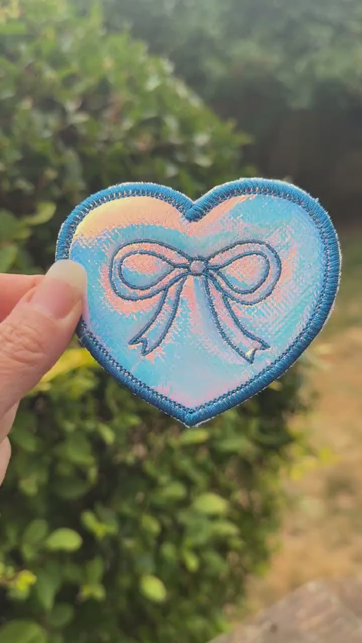 Holographic Embroidered Heart Patch with Bow - cute & shiny accent - iron or sew on - backpack, trucker hat, clothing - gifts for her
