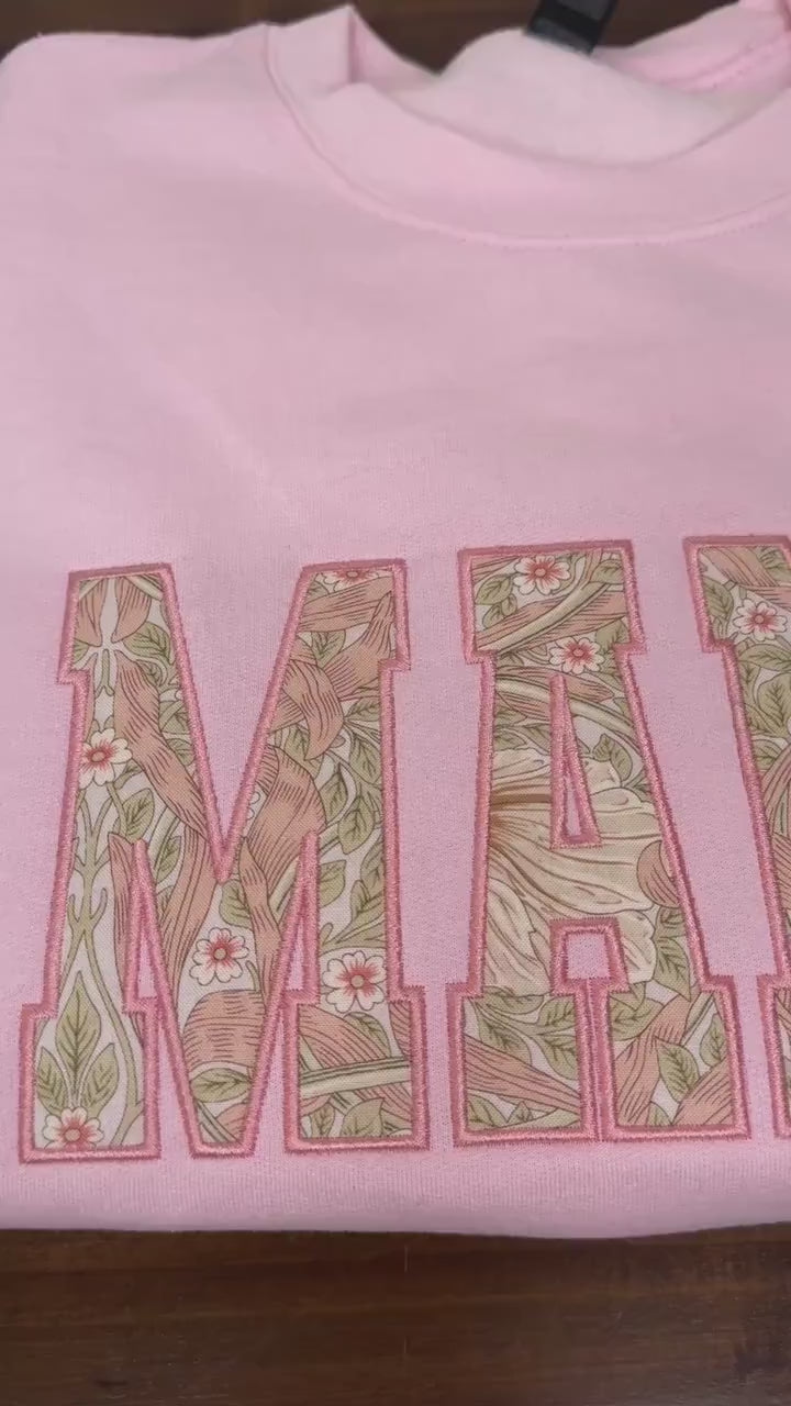 William Morris Pimpernel Blush MAMA Applique Crewneck - Embroidered Satin Stitch - Designer Fabric England - Gildan & Comfort Colors