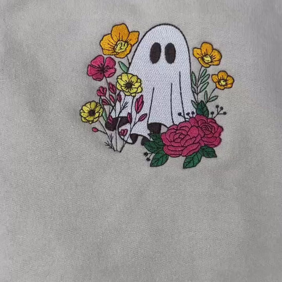 Embroidered Ghost in the Flower Garden Halloween Crewneck - Ghost Flowers Colorful Halloween - Spooky Season -Gildan/Comfort Colors