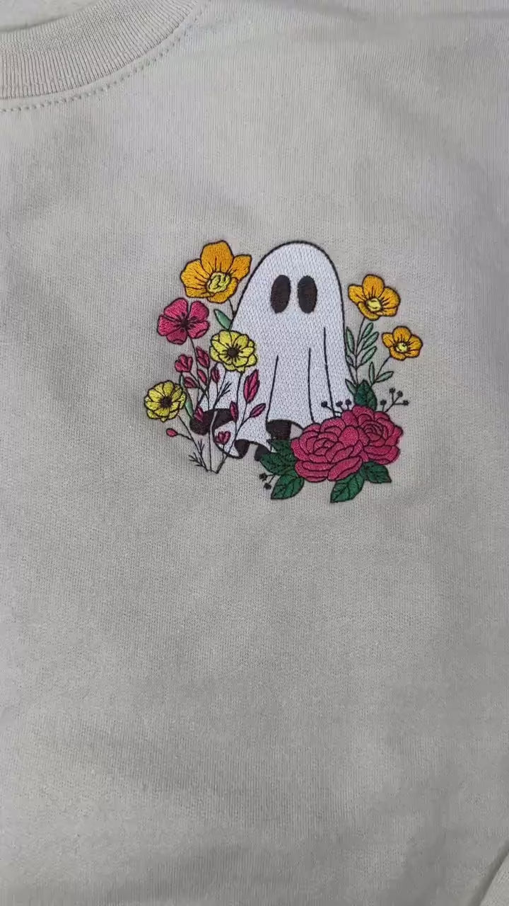 Embroidered Ghost in the Flower Garden Halloween Crewneck - Ghost Flowers Colorful Halloween - Spooky Season -Gildan/Comfort Colors