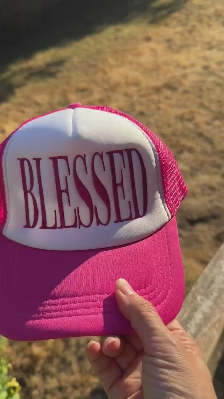 Embroidered Foam Trucker Hat - "Blessed" large text - Trucker Hat, Structured Snapback Mesh Hat - Adjustable Fitted Hat - Gifts for Her/Him