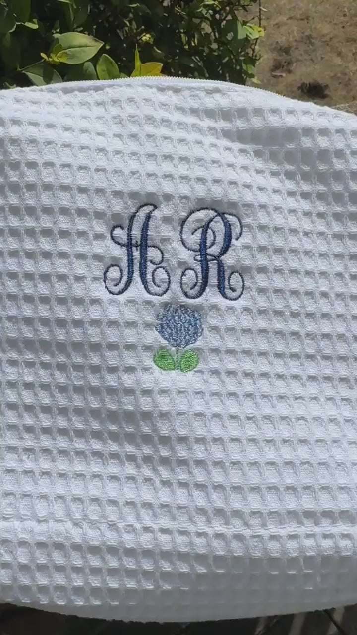 Embroidered Customized Waffle Makeup Bag w/Monograms and Hydrangea - Other small flowers or fruits -Gifts for her/wedding/bachelorette/bride