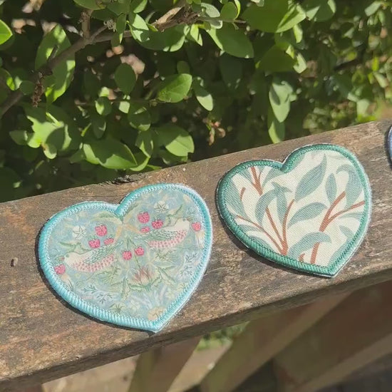 William Morris Fabric Heart Applique Patches - Strawberry Thief Navy, Willow Bough Green, Aqua, Golden Lily - iron on-gift for her