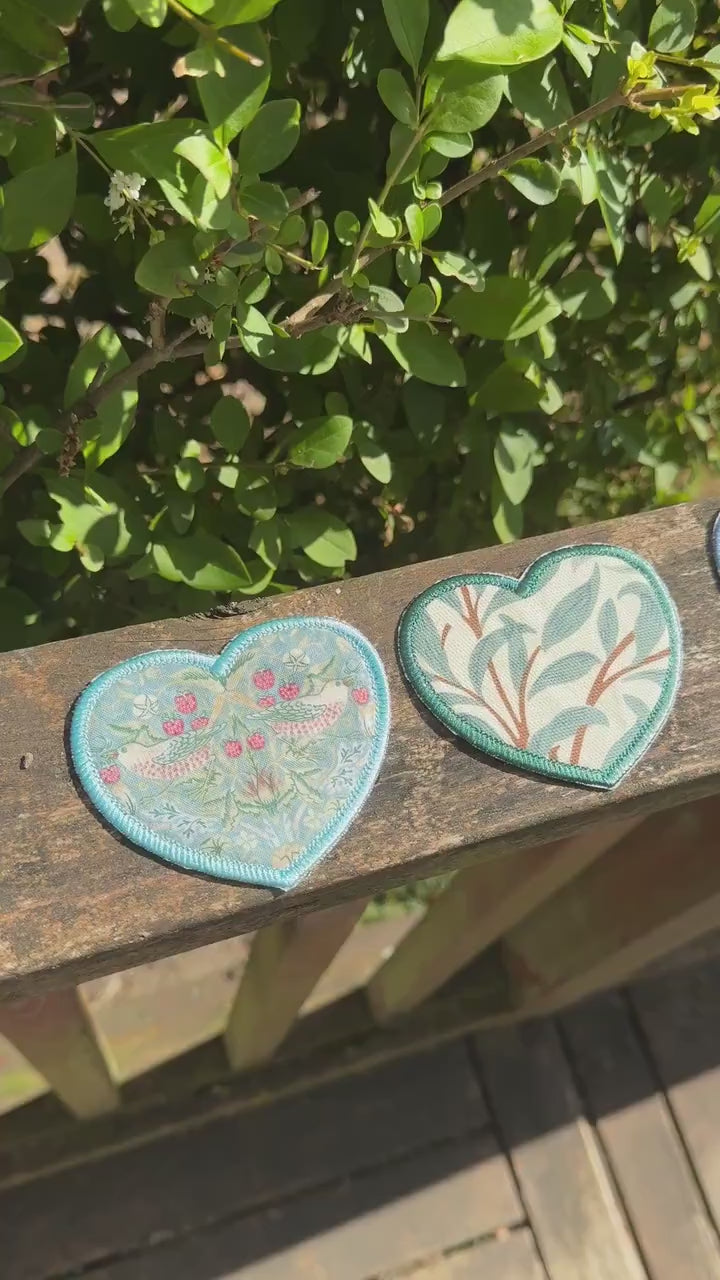 William Morris Fabric Heart Applique Patches - Strawberry Thief Navy, Willow Bough Green, Aqua, Golden Lily - iron on-gift for her